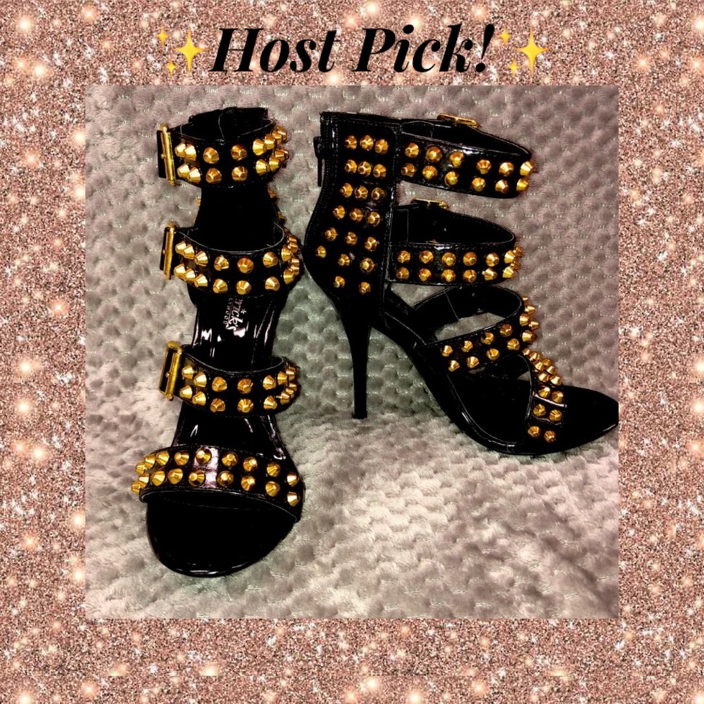 Fredericks of Hollywood SEXY black patent leather & gold stud heels - size 6.5 - Picture 1 of 6